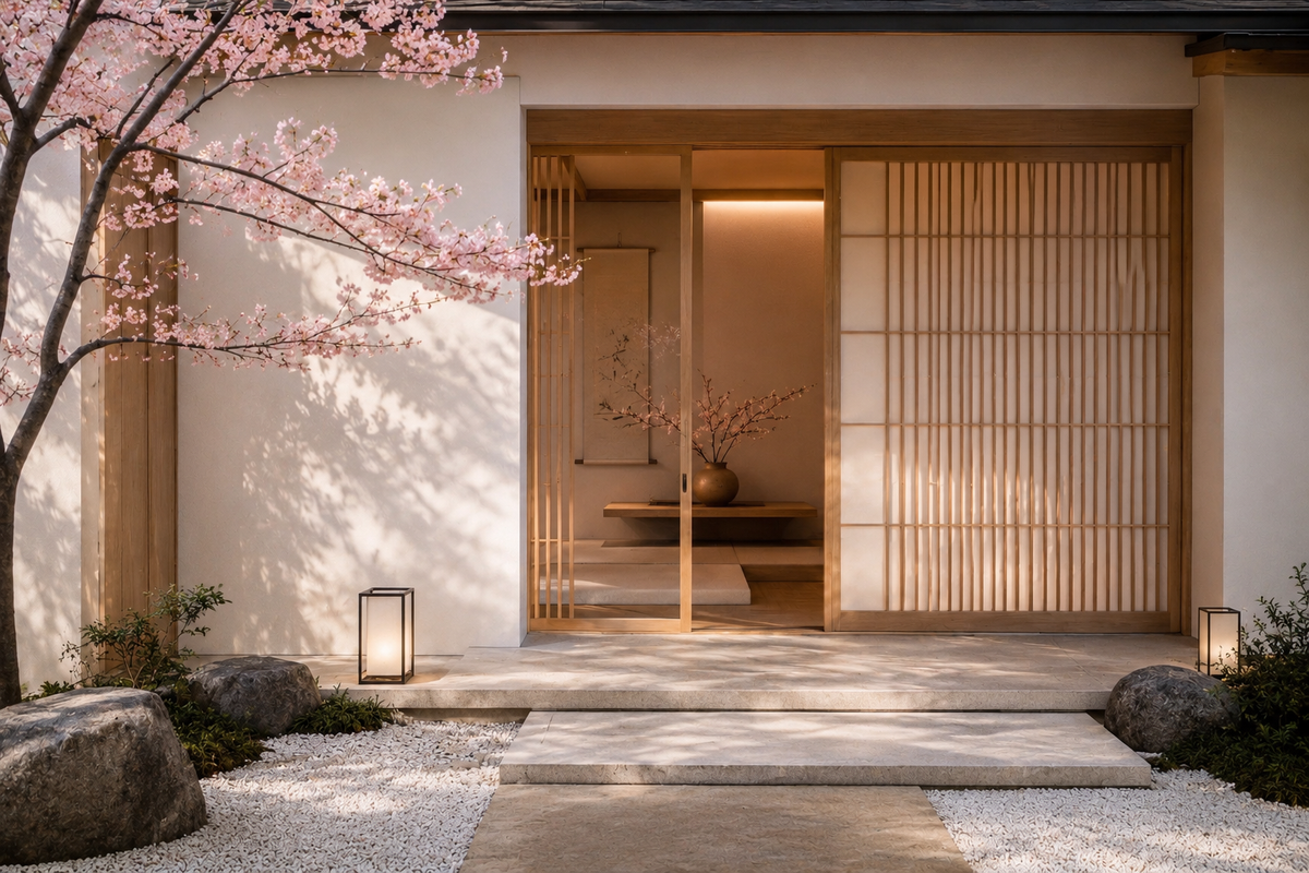Maison japonaise contemporaine avec portes shōji, jardin minéral et cerisier rose poudré – Évasion Japon Sakura Hazellia