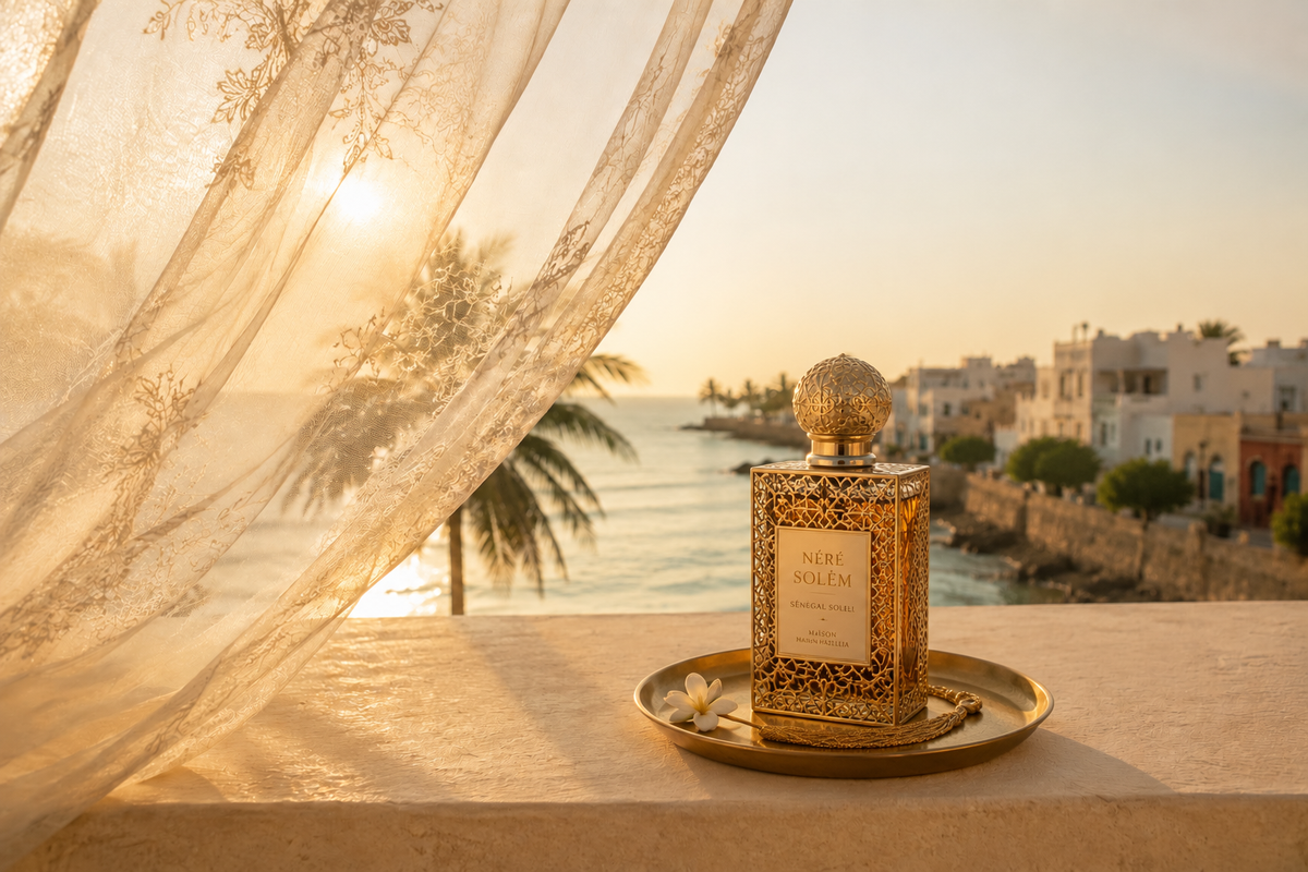 Parfum Néré Solèm Hazellia sur terrasse ensoleillée avec voile ivoire et paysage côtier du Sénégal – Évasion Sénégal Soleil