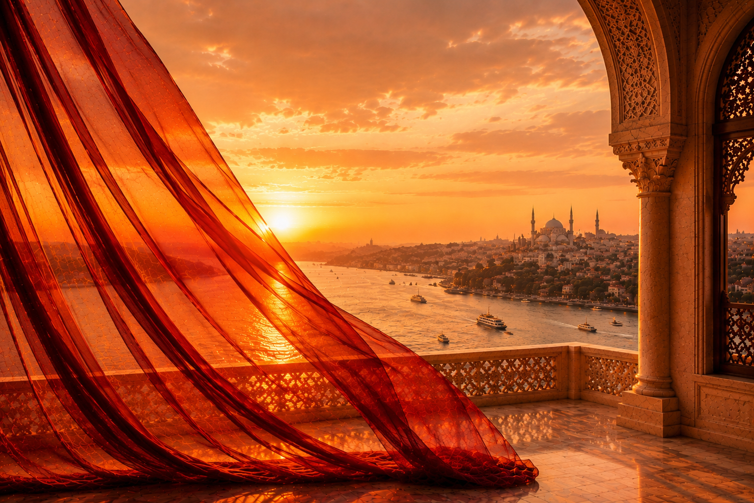 Terrasse élégante surplombant le Bosphore au coucher du soleil avec voile bordeaux flottant dans le vent, univers Nuit Turque de Hazellia Voyage associé à l’infusion Red Velvet.
