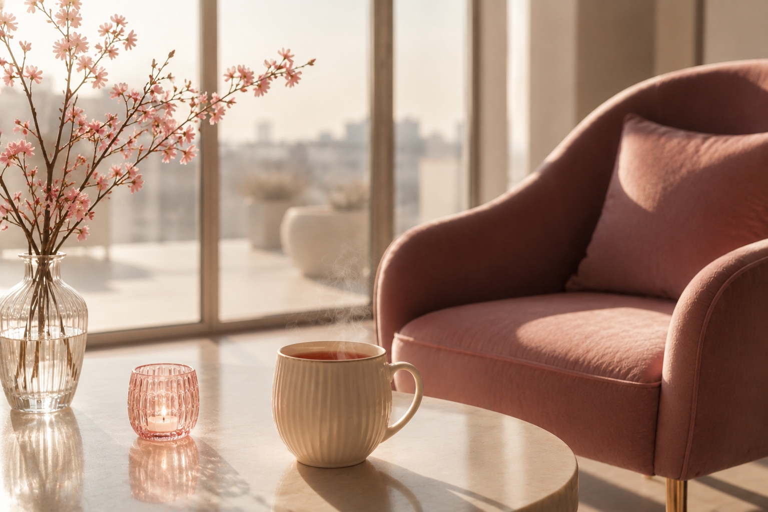 Rituel Blossom Ode Hazellia, moment de bien-être féminin avec infusion florale dans un intérieur lumineux inspiré des maisons de luxe.