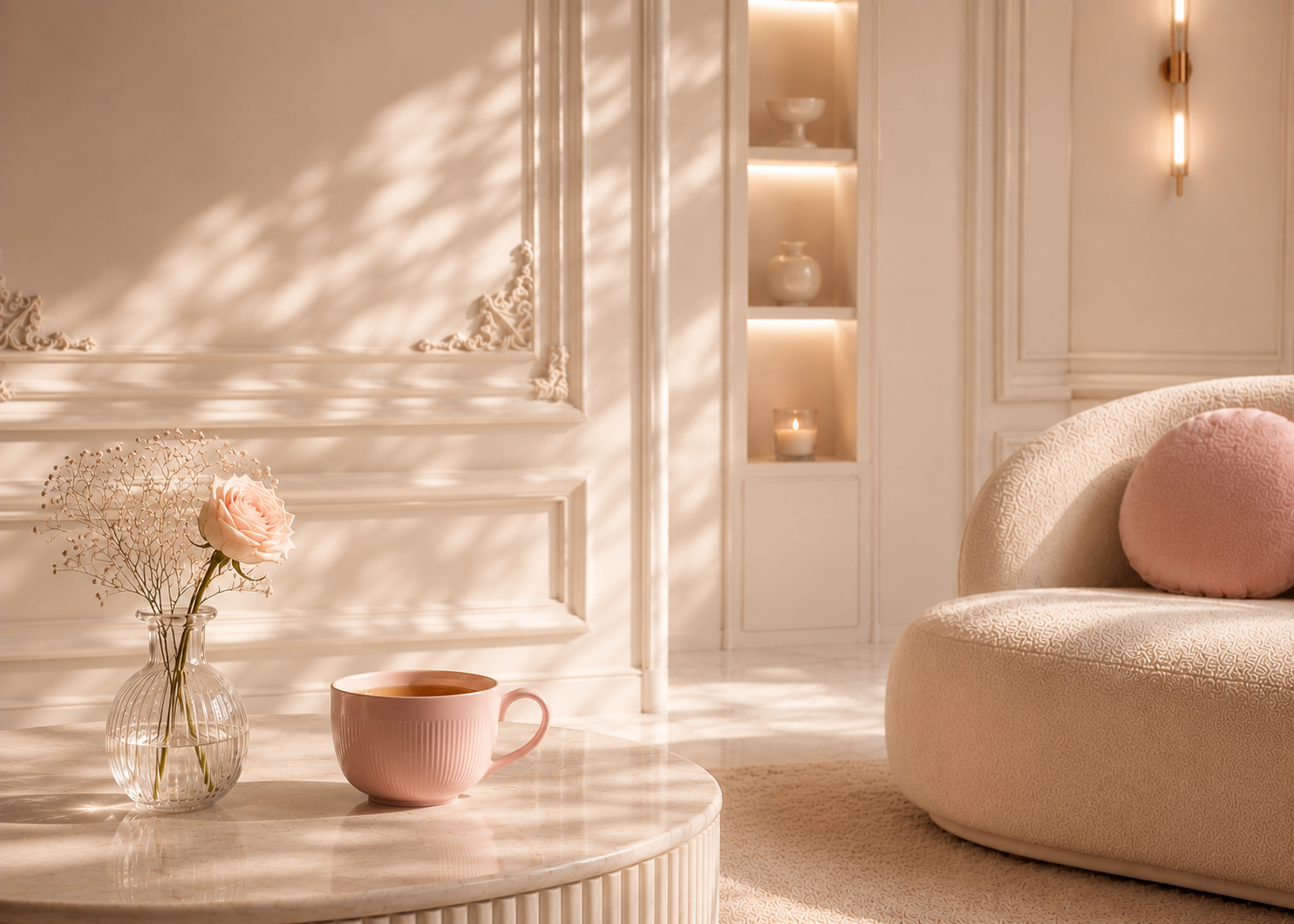 Rose Ritual Hazellia – rituel d’infusion dans un intérieur de luxe ivoire et rose poudré avec canapé bouclé, mug en céramique rose et lumière naturelle apaisante.