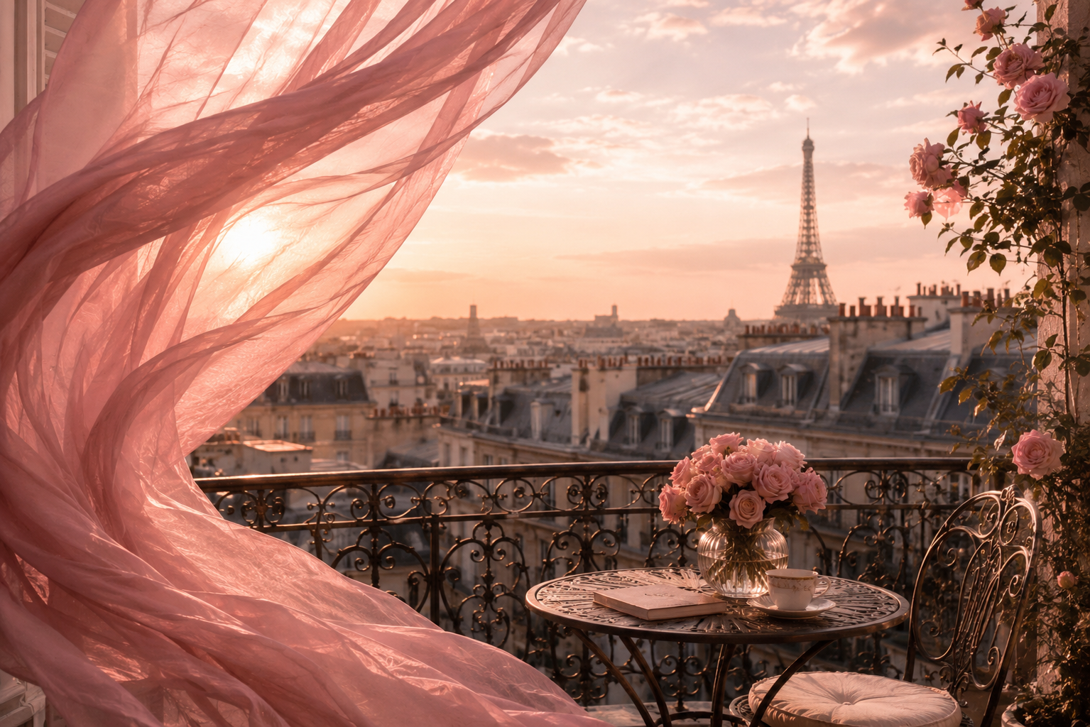 Balcon haussmannien avec roses et voile rose poudré flottant au coucher du soleil, univers Paris Élégance de Hazellia Voyage inspiré par Rose Ritual.