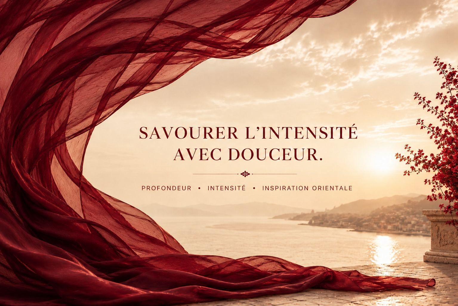 Voile rubis couture transparent sur un paysage lumineux évoquant le Sénégal Soleil, univers Rubis Ember de la Maison Hazellia Voyage.