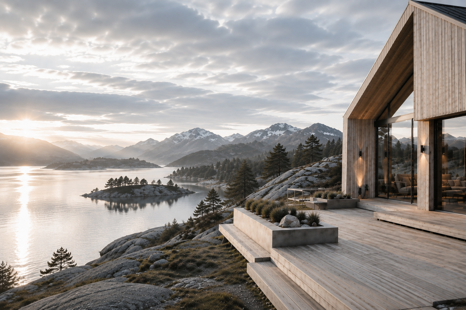 Maison d’architecture scandinave contemporaine face à un fjord et aux montagnes, inspirant un art de vivre nordique raffiné et cocooning par Hazellia.