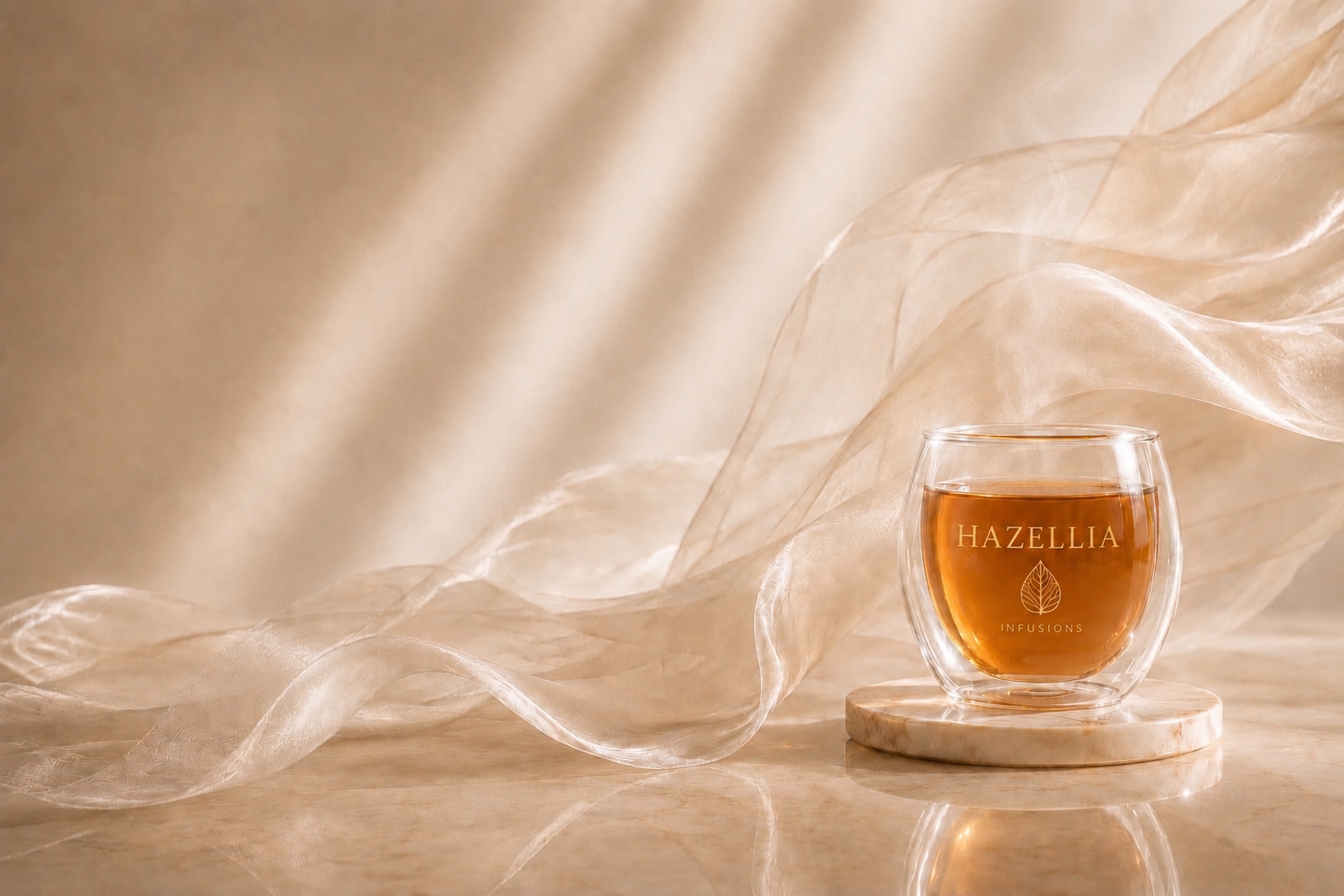 Infusion bien-être Hazellia dans un mug en verre double paroi, thé ambré aux reflets précieux sur marbre ivoire et voile champagne, univers HazBloom dédié aux infusions premium.