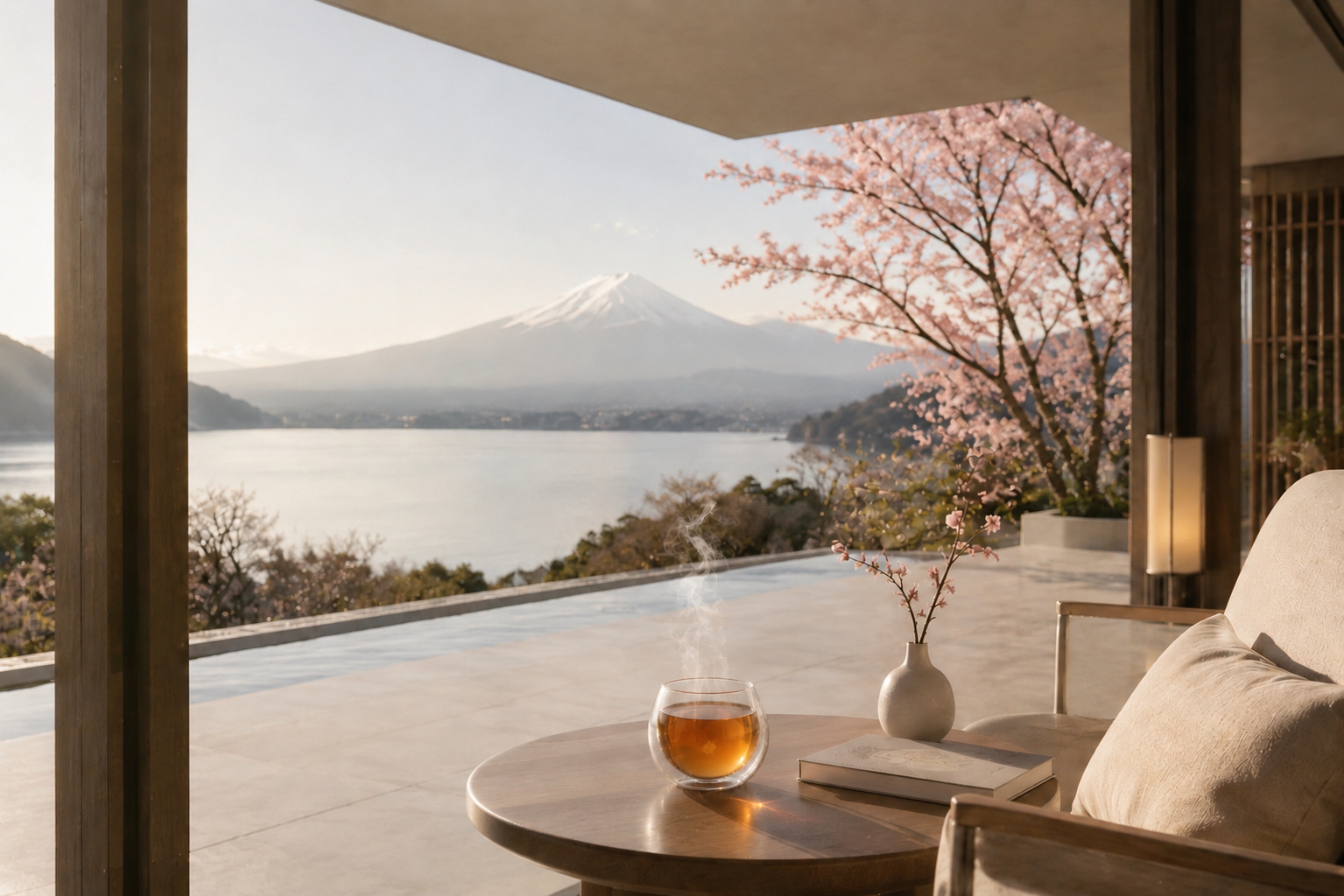 Voyage avec Hazellia au Japon Sakura depuis une terrasse contemporaine avec vue sur le mont Fuji, cerisiers en fleurs et infusion dans un mug en verre double paroi.