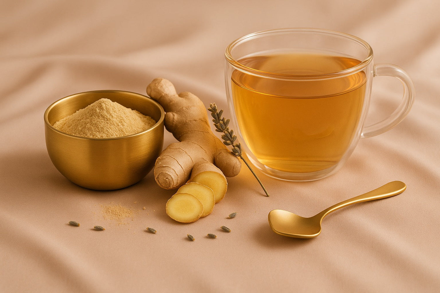Infusion chaude au gingembre avec racine fraîche, poudre de gingembre et cuillère dorée sur fond beige, rituel bien-être naturel pour la digestion, la chaleur intérieure et l’énergie féminine.