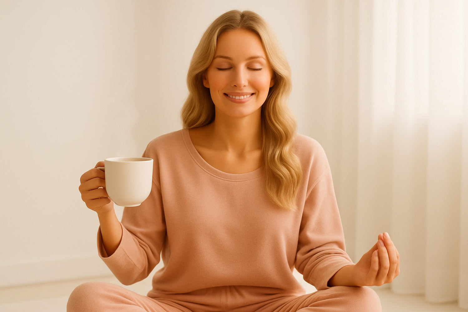 Femme en méditation avec une tasse chaude dans une ambiance douce et lumineuse.