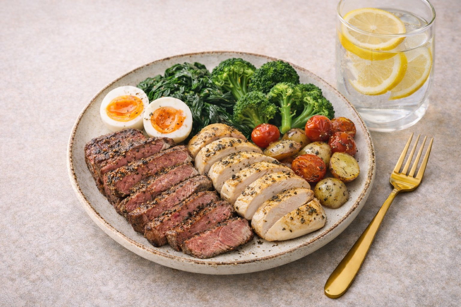Assiette Skin Food riche en fer animal pour femmes en Saison Dorée, avec viande, œuf, pommes de terre et brocolis, présentée dans une vaisselle élégante et chaleureuse.