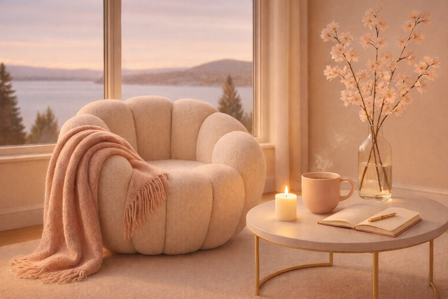 Salon cocooning Hazellia aux tons beige et rose poudré, fauteuil bubble crème avec plaid doux, table basse élégante avec bougie allumée, mug chaud et carnet, ambiance soirée lumineuse et apaisante.