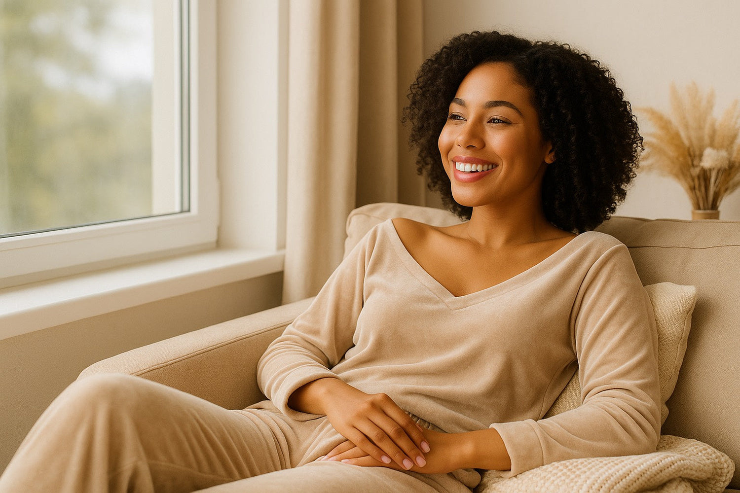 Femme assise dans un intérieur cocooning, portant une tenue beige confortable, souriante et détendue — moment de bien-être Hazellia lié au SOPK.