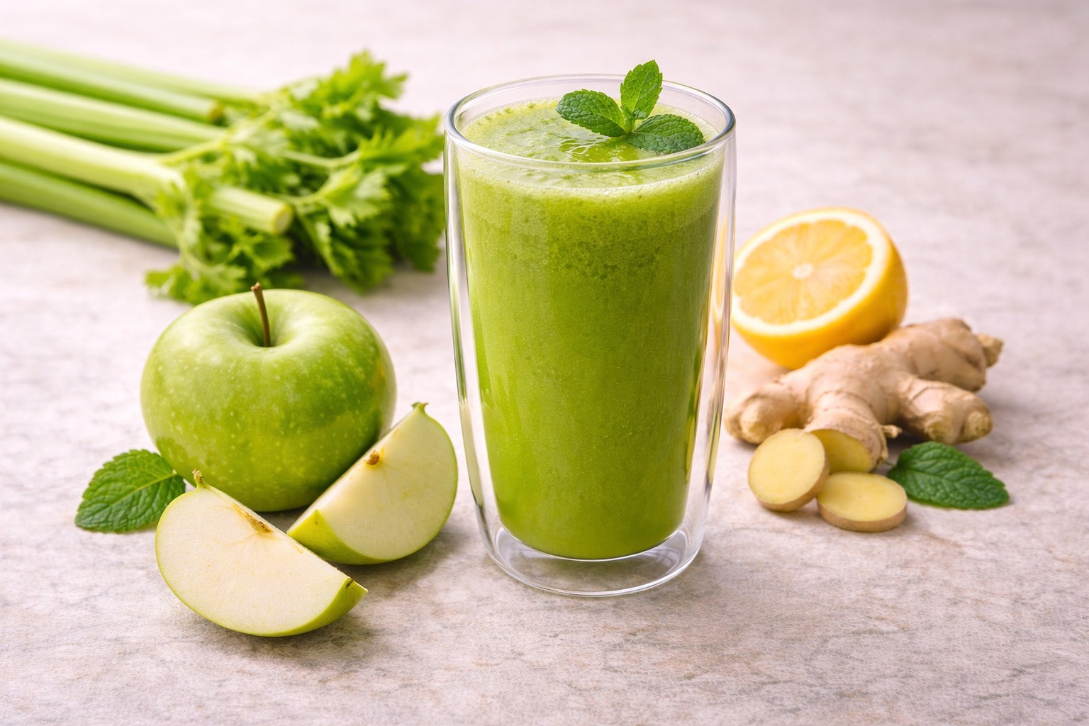 Jus collagène vert dans un verre double paroi avec céleri, pomme verte et gingembre, ambiance lumineuse et naturelle.