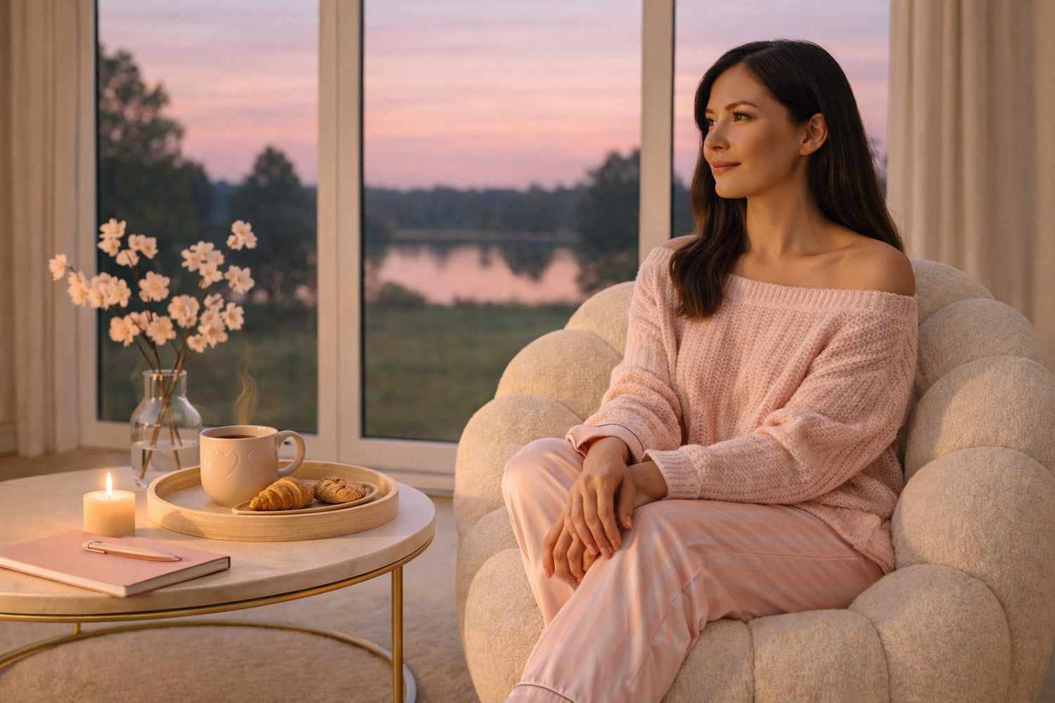 Femme assise près d’une fenêtre au crépuscule, tasse chaude et carnet, moment de calme et de douceur en fin de journée.