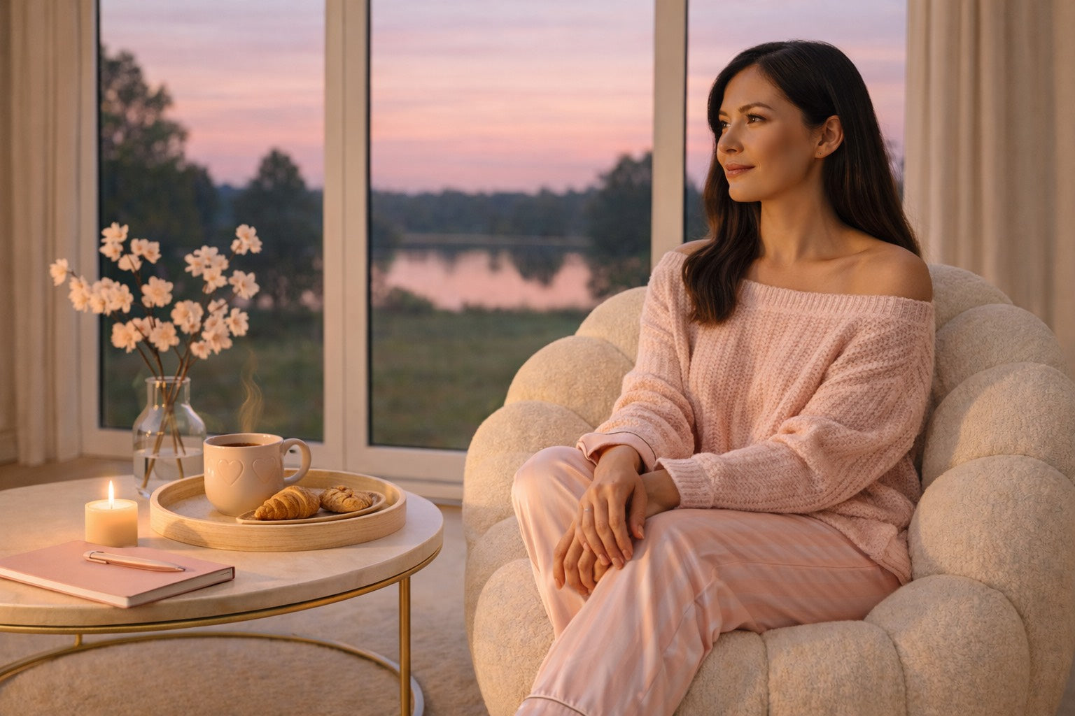 Femme assise près d’une fenêtre au crépuscule, tasse chaude et carnet, moment de calme et de douceur en fin de journée.