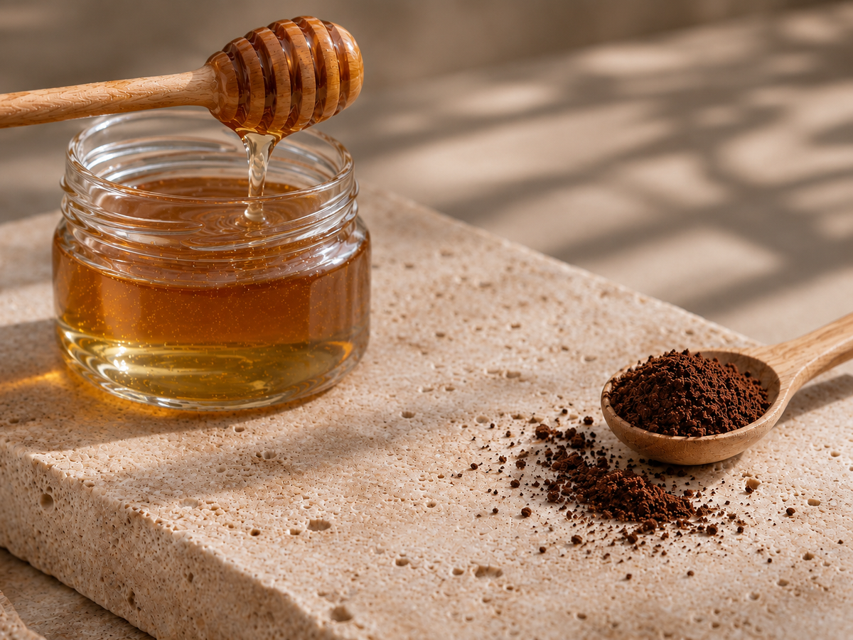 Pot de miel doré avec cuillère à miel et café moulu dans une cuillère en bois, sur une pierre beige, pour un masque café miel maison.
