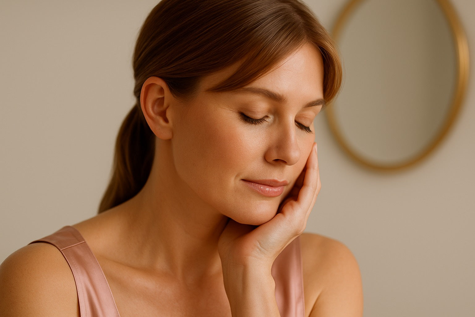 Femme assise, peau lumineuse et naturelle, touchant délicatement son visage, moment beauté slow aging.