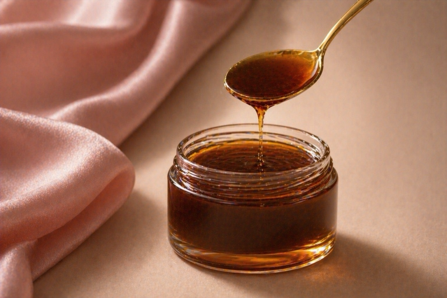 Masque café miel naturel pour le visage, texture lisse et brillante avec miel coulant, rituel beauté maison pour une peau lumineuse