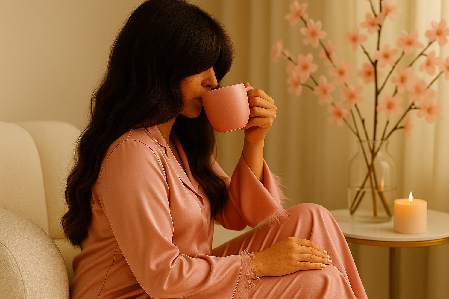 Femme de profil en pyjama satin rose, assise dans un fauteuil doux avec fleurs de cerisier — ambiance calme et féminine illustrant la philosophie Hazellia
