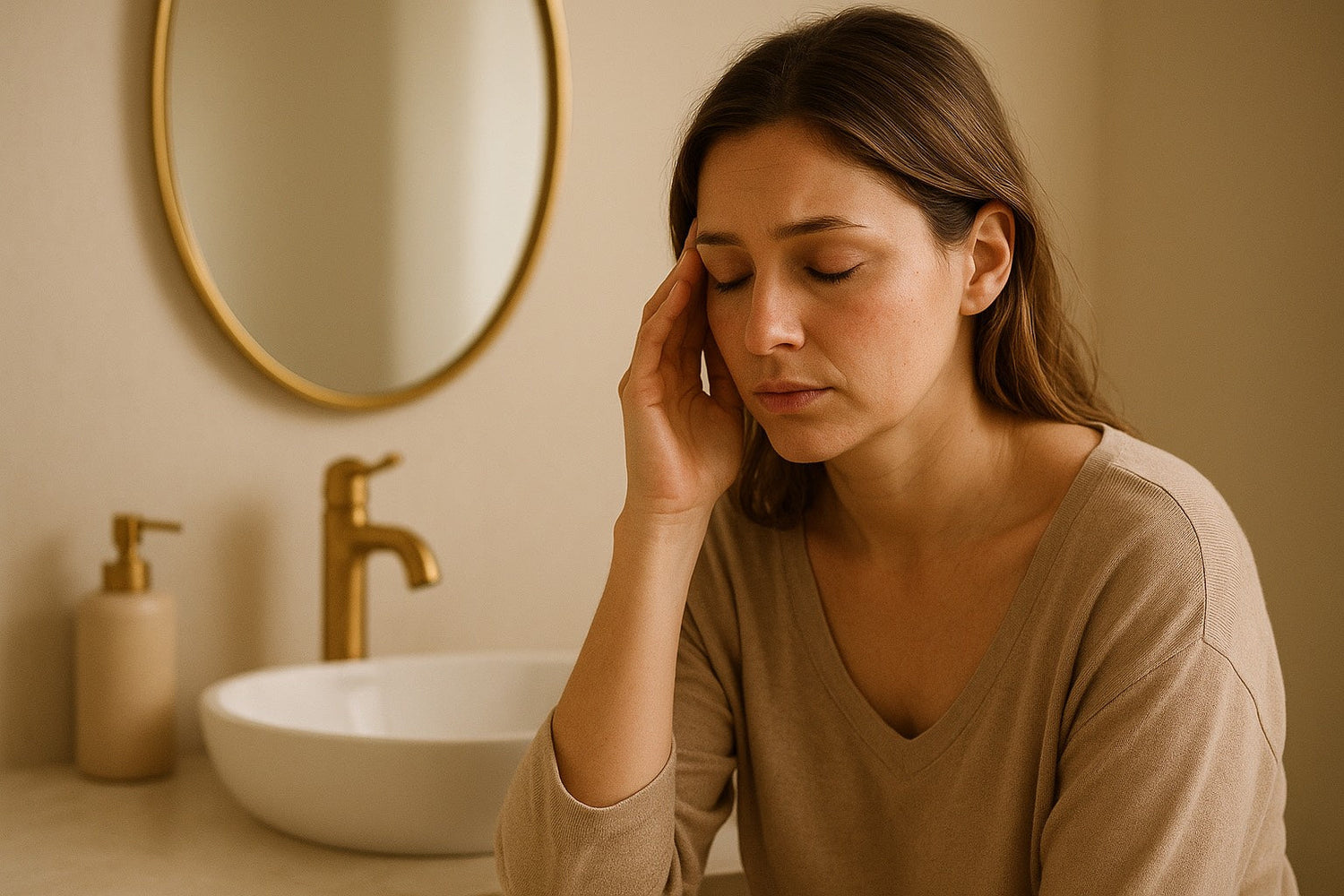 Femme fatiguée dans sa salle de bain, main sur la tempe, les yeux fermés, exprimant la charge mentale et l’épuisement émotionnel. Décor beige lumineux avec miroir doré, vasque blanche et ambiance douce bien-être.