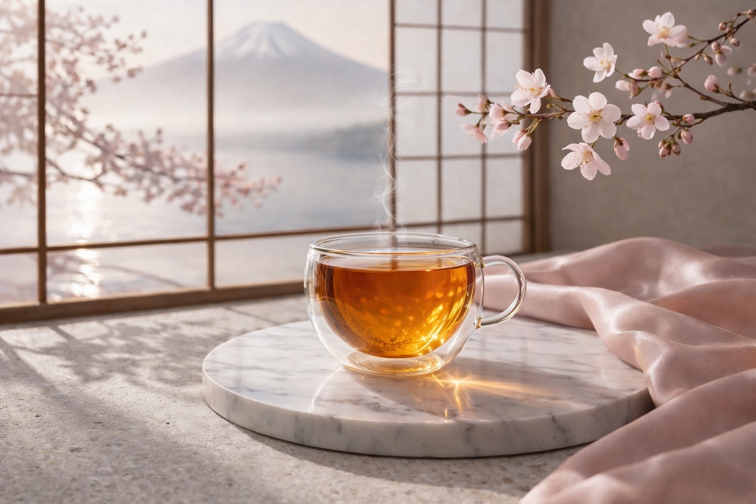 infusion chaude dans tasse en verre double paroi avec vapeur, ambiance japonaise sakura, rituel féminin bien-être Hazellia