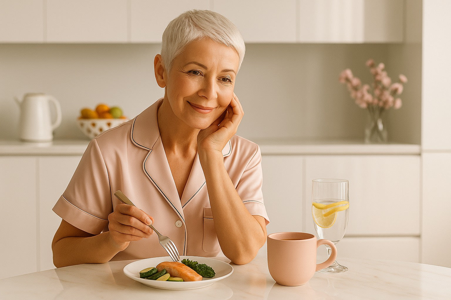 Femme mature apaisée prenant soin de son énergie féminine dans un moment de calme.
