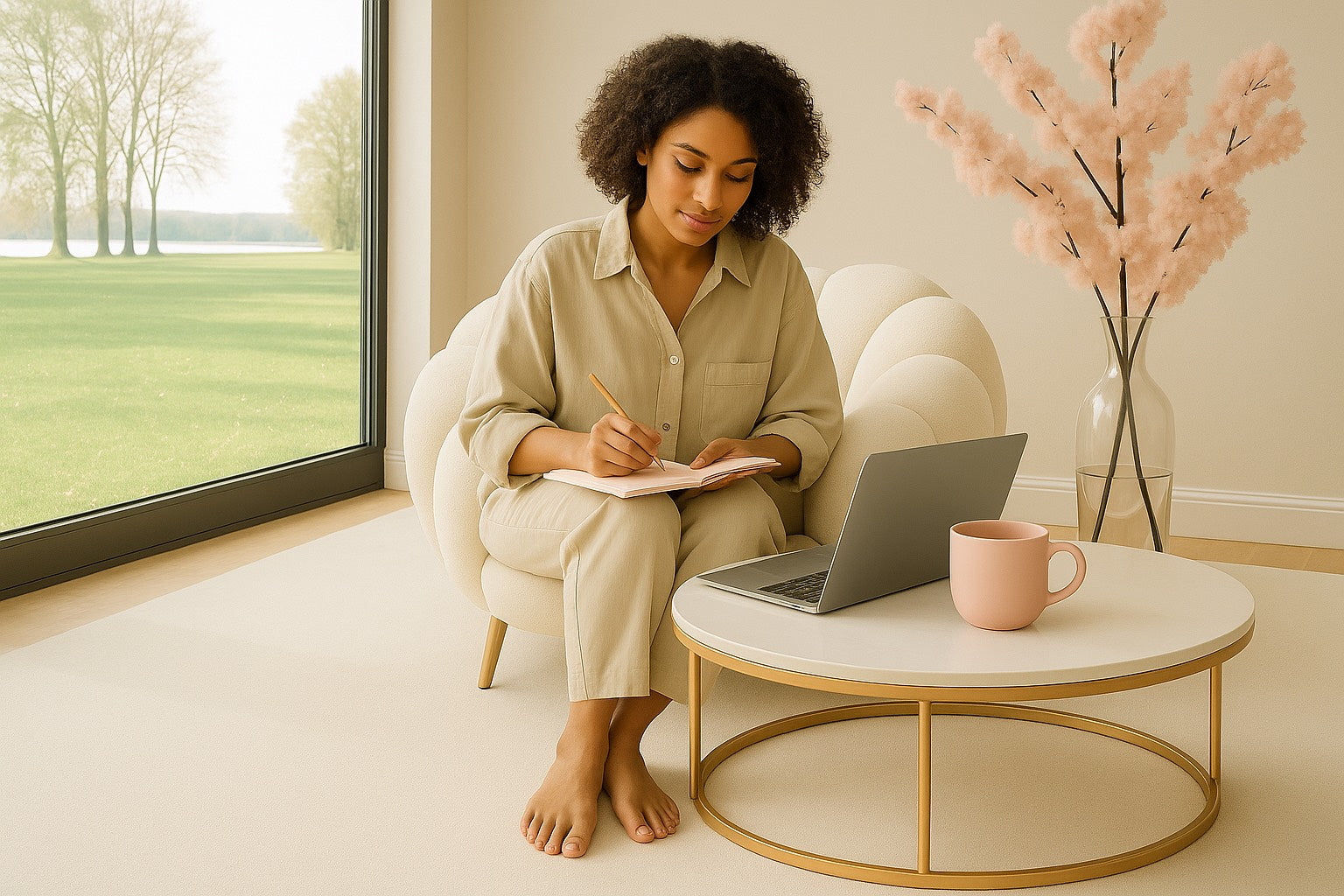 Femme métisse assise sur un fauteuil bubble écrivant dans un carnet rose, avec un ordinateur portable et un mug sur une table dorée, ambiance douce Hazellia.