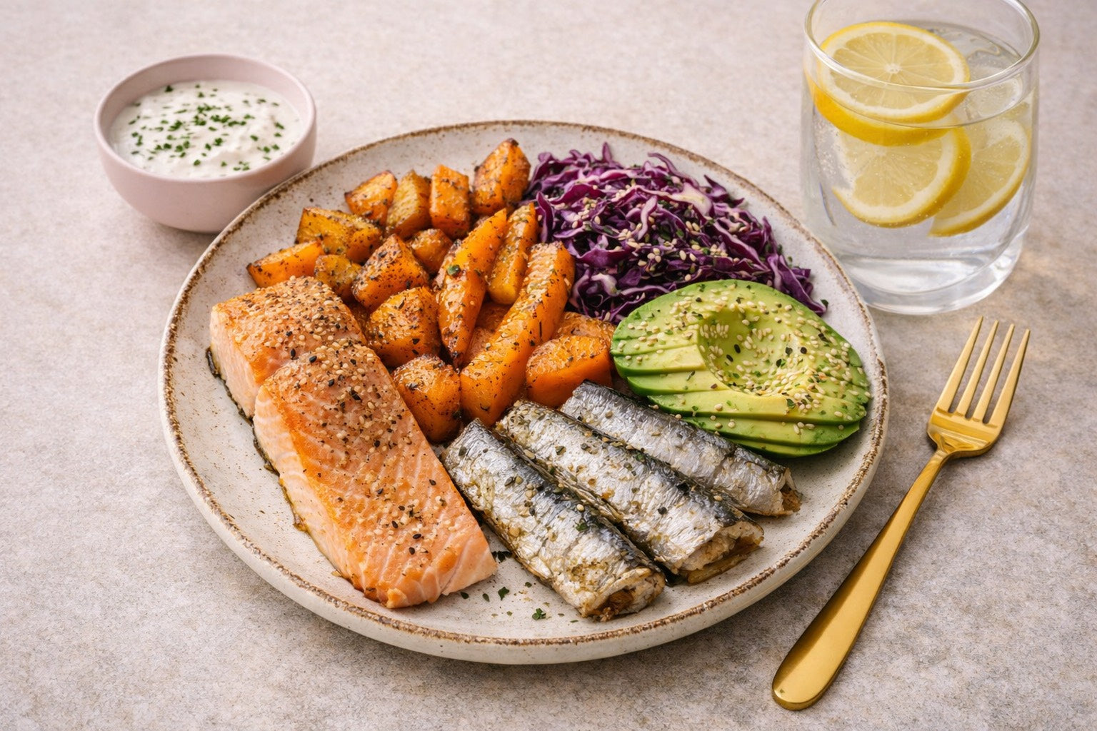 Assiette Skin Food équilibrée avec saumon, patate douce, avocat, carottes poêlées, chou violet et sauce au yaourt grec, présentée dans une vaisselle beige élégante.