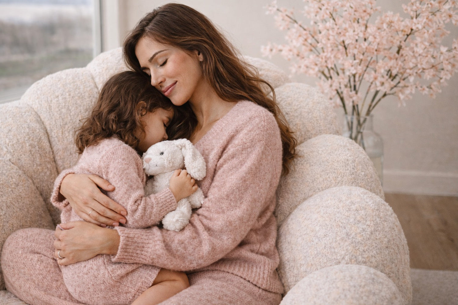Mère et enfant enlacés dans un fauteuil cocooning, moment de tendresse et de sécurité émotionnelle, ambiance douce et apaisante.