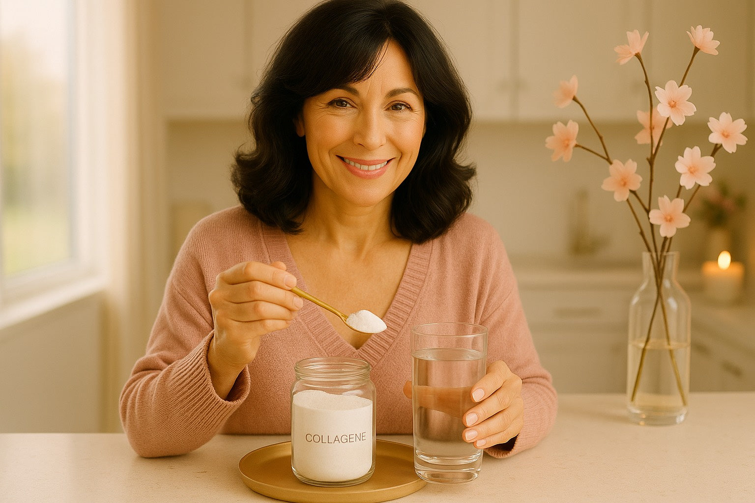 Femme mature souriante préparant une dose de collagène en poudre avec une cuillère dorée, tenant un verre d’eau, dans une cuisine lumineuse décorée de fleurs de cerisier.