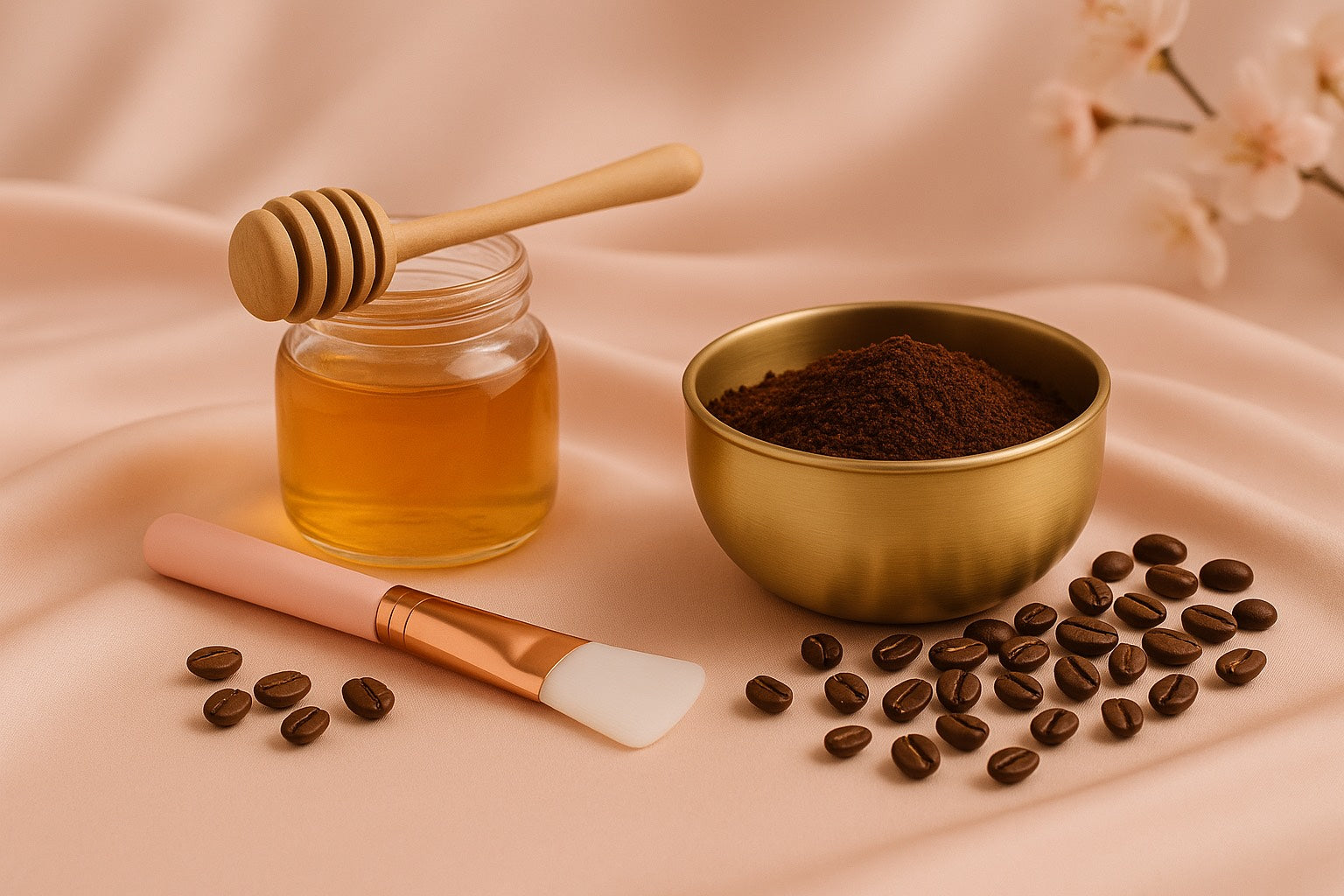 Ingrédients pour masque maison café et miel sur fond satiné beige : bol de café moulu, miel liquide, pinceau skincare rose et grains de café ambiance premium Hazellia.