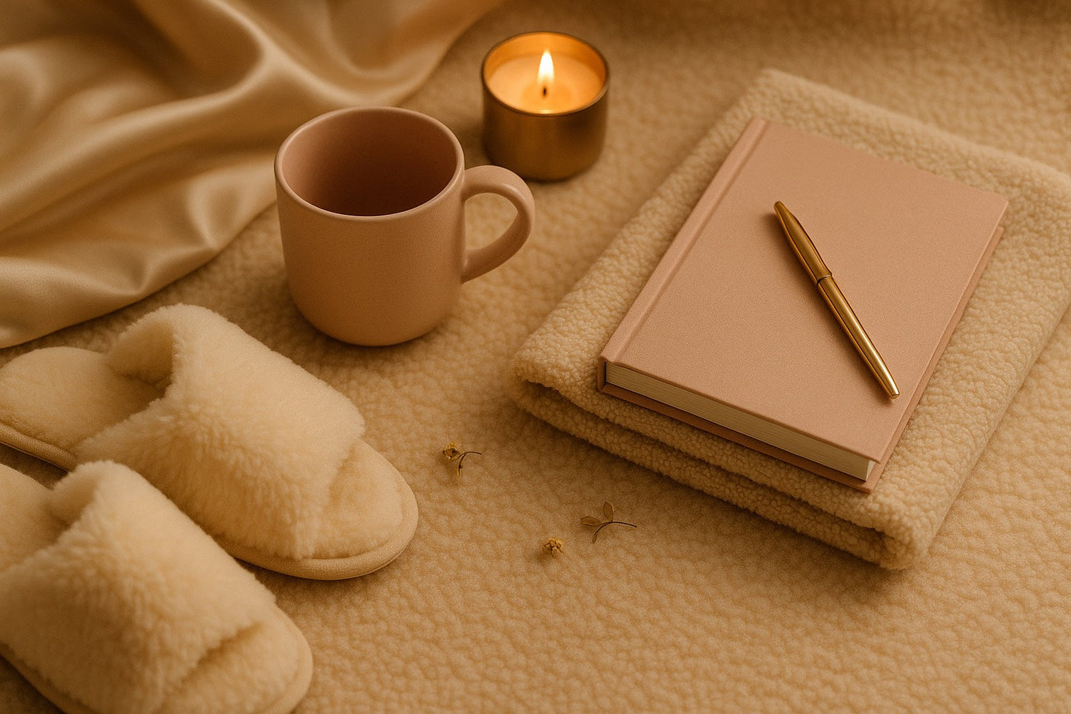 Rituel du soir cosy avec mug rose, bougie dorée, pantoufles en fourrure et livre rose. 
