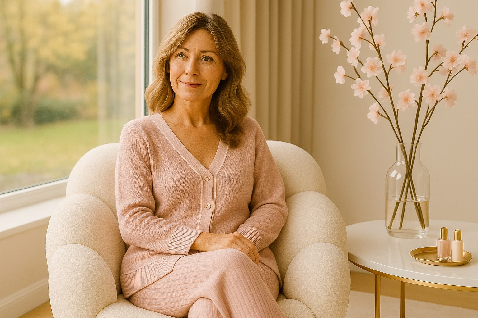 Femme en tenue HazWear beige rosé assise dans un fauteuil près d’une fenêtre, ambiance douce et lumineuse illustrant la féminité en Saison Dorée et la palette de couleurs apaisantes.