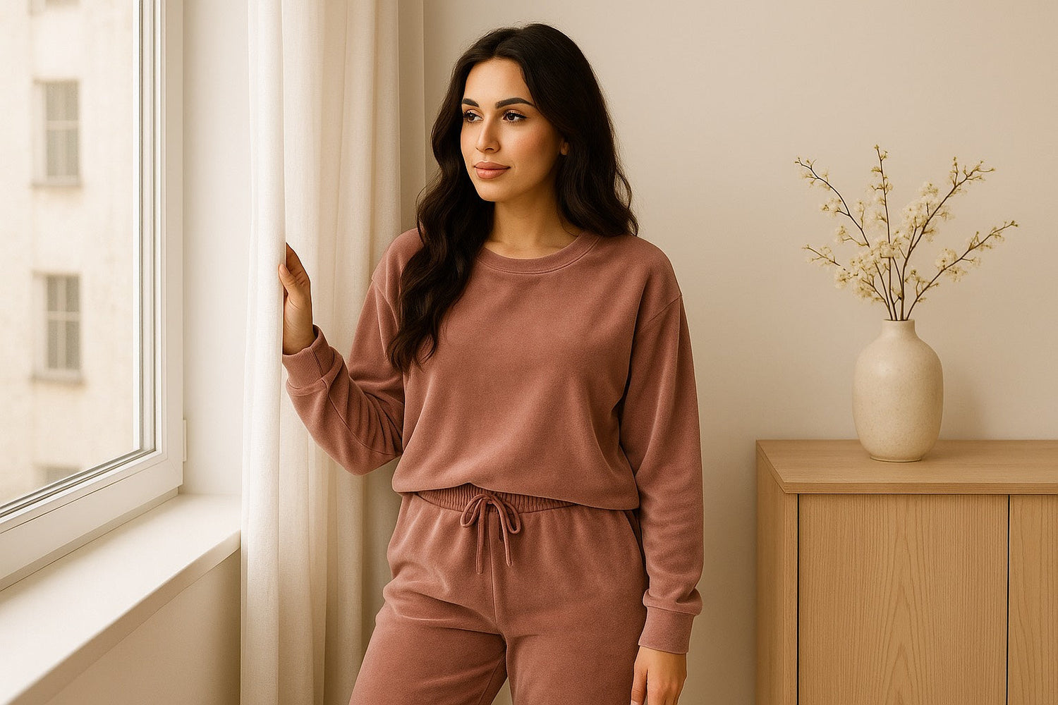 Femme brune portant un ensemble homewear vieux rose, regardant par la fenêtre dans un intérieur lumineux et épuré. Ambiance douce et cocooning aux couleurs beige et rose, typique de l’univers Hazellia.