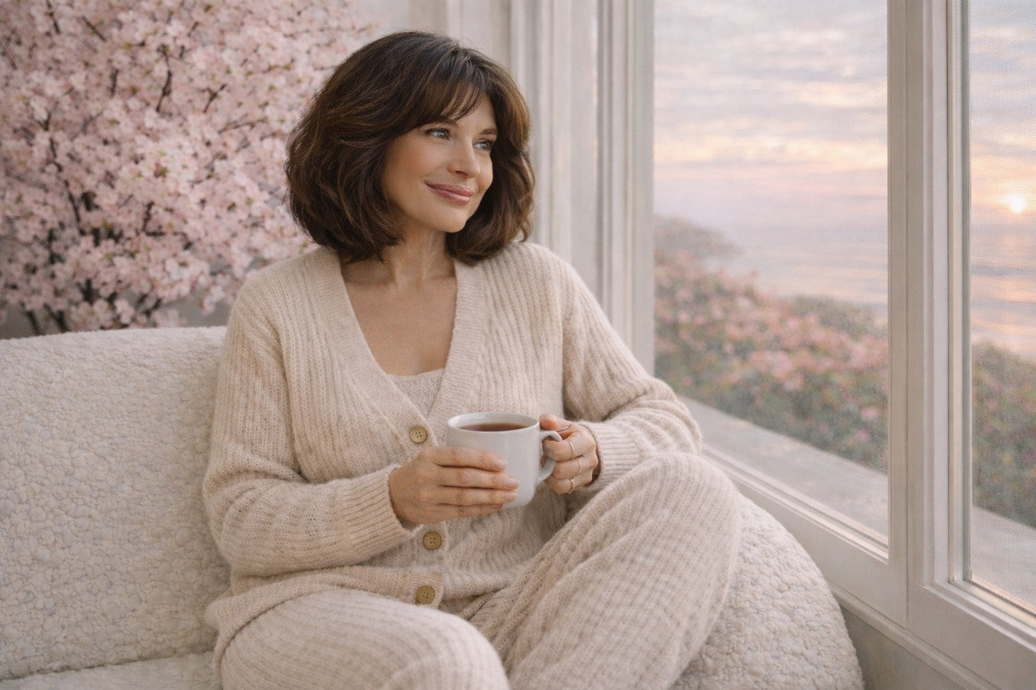 Femme mûre apaisée buvant une infusion près d’une fenêtre, bien-être et équilibre hormonal – Saison Dorée.