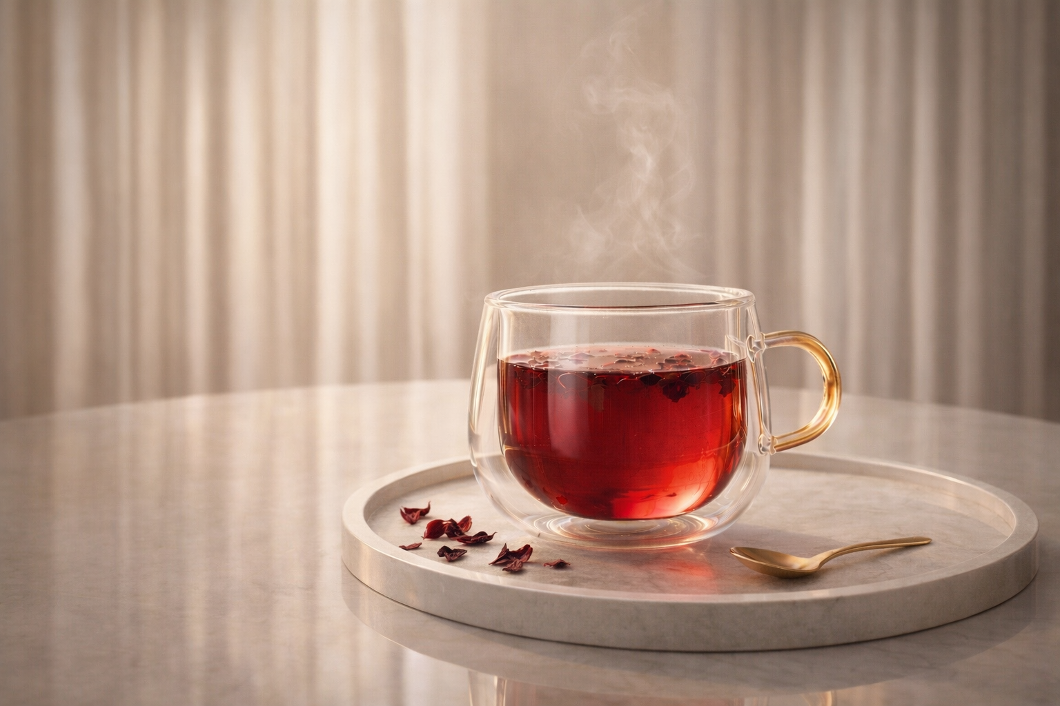 Infusion hibiscus ROSE BLOOD dans une tasse en verre double paroi, vapeur délicate, ambiance beige poudrée, rituel beauté Hazellia.