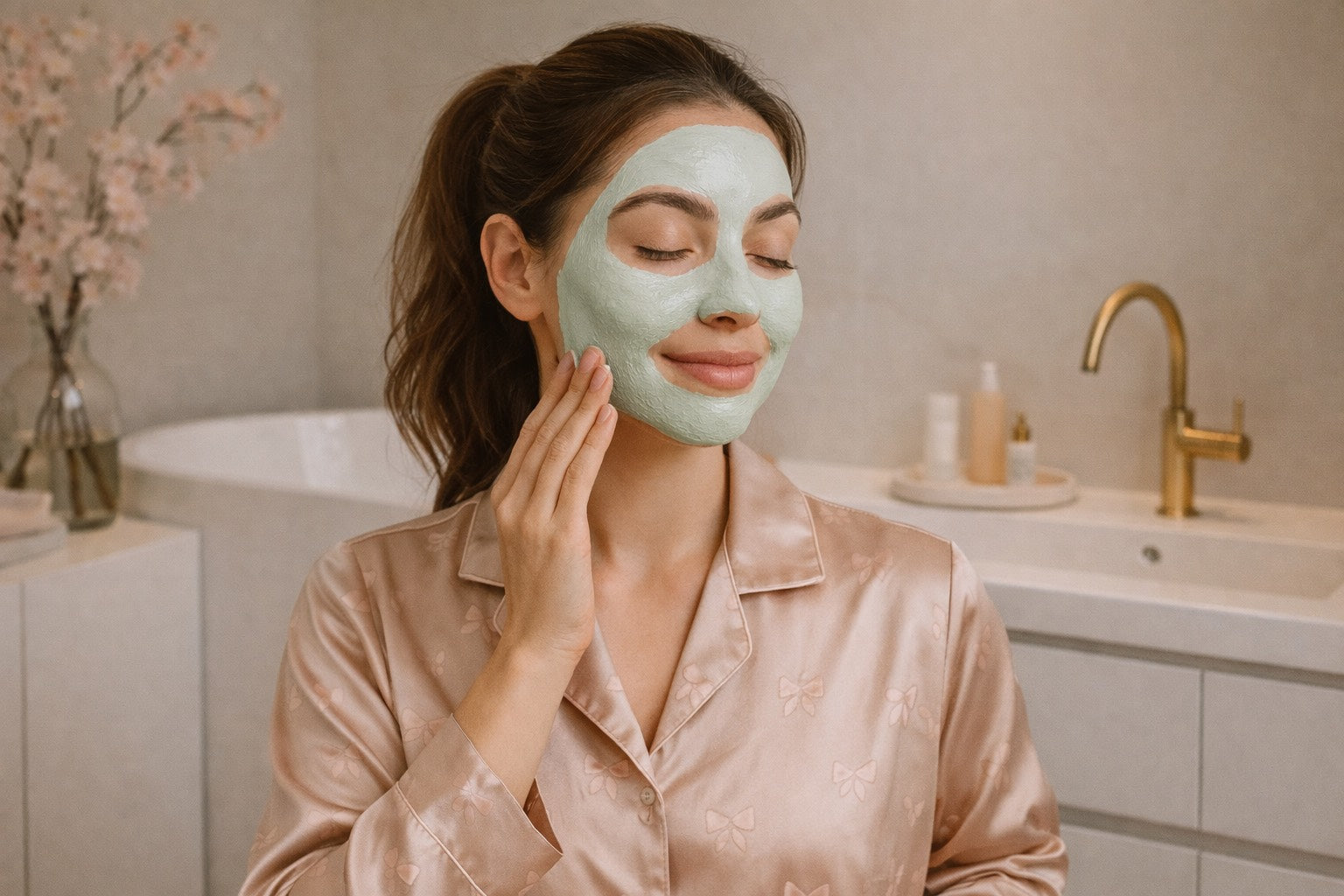 Femme appliquant un masque visage naturel vert au moringa dans une salle de bain lumineuse, moment de soin et de détente pour une peau éclatante.