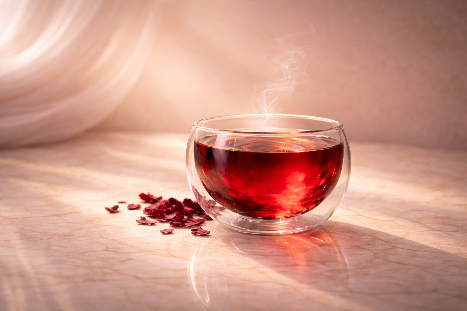 Infusion d’hibiscus rouge en mug double paroi sur table en marbre avec pétales séchées – boisson naturelle pour la circulation sanguine
