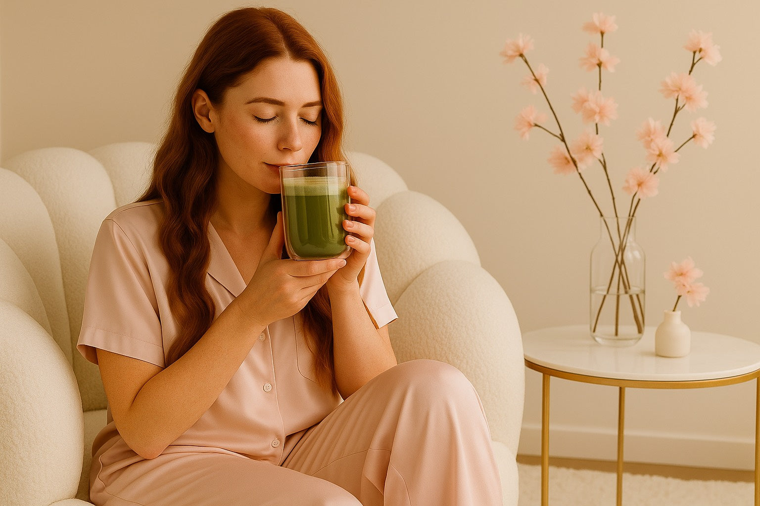 Femme rousse en pyjama satiné buvant un matcha latte dans un fauteuil cocooning avec fleurs de cerisier. Ambiance calme et bien-être.
