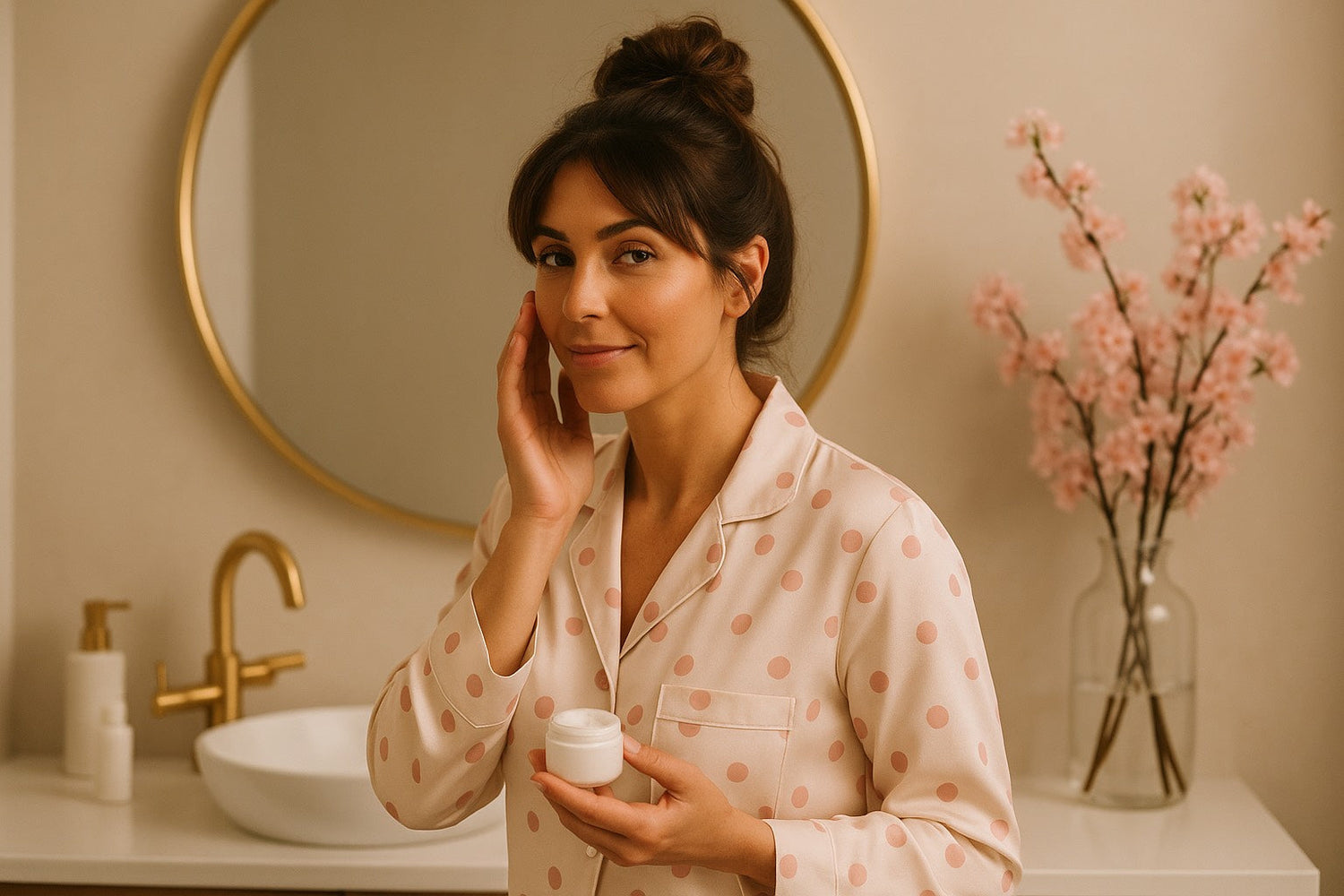 Rituel du week-end beauté Hazellia : femme en pyjama satin appliquant une crème visage dans une salle de bain lumineuse, ambiance douce et apaisante.