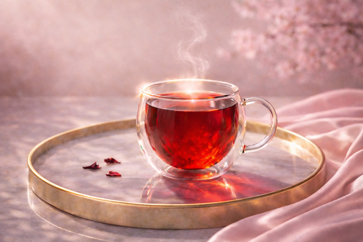 hibiscus tea slow beauty ritual red herbal infusion hazellia rose blood glow tea aesthetic