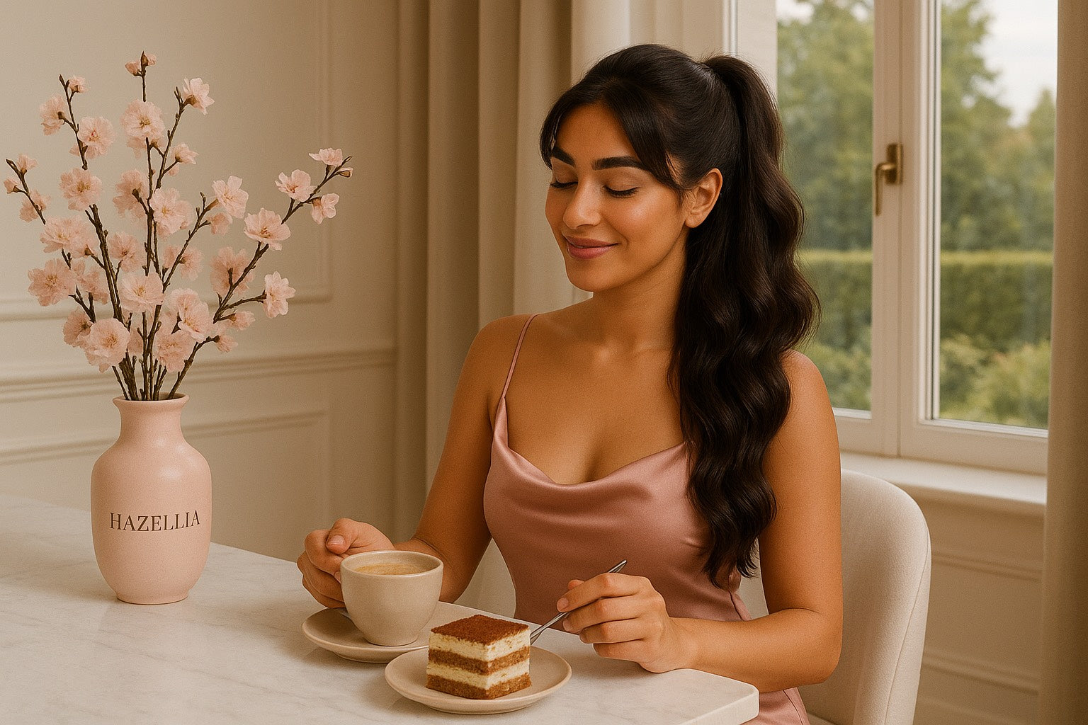 Femme élégante savourant un café et un dessert seule dans un intérieur lumineux, symbole de douceur, d’auto-bienveillance et de petites attentions pour soi.
