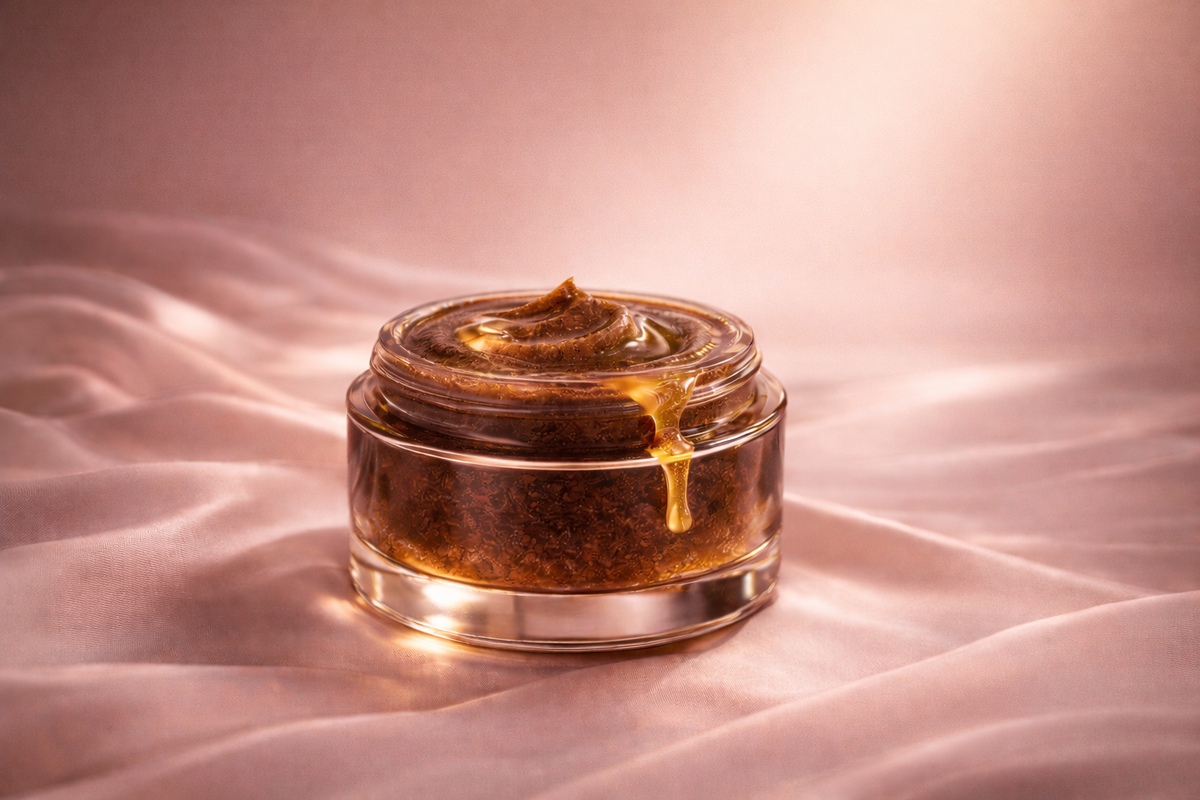Coffee and honey face mask for glowing skin in a luxury glass jar with golden honey, natural skincare ritual on pink satin