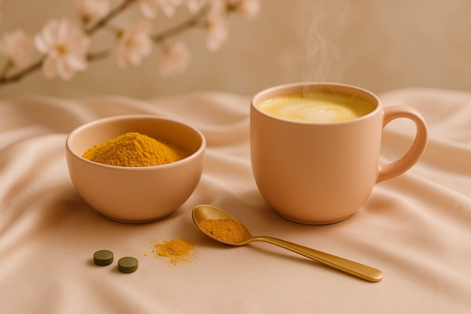 Bol de poudre dorée et tasse de golden latte chaud sur tissu satiné beige, avec cuillère dorée, compléments alimentaires verts et branche de fleurs floue en arrière-plan. Scène bien-être, douce et minimaliste.