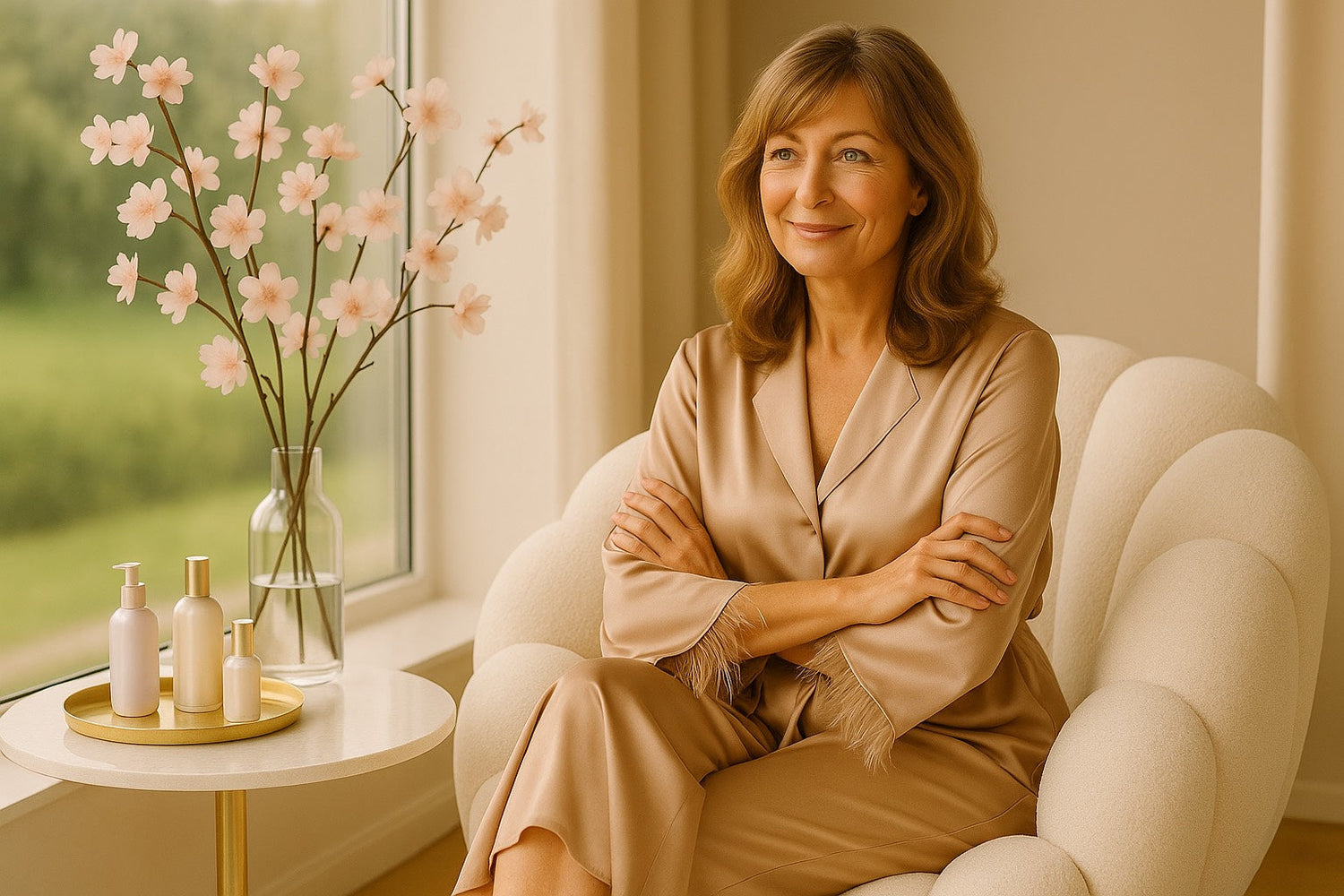 Femme mature élégante en ensemble satin beige assise dans un fauteuil cocooning près d’une fenêtre, ambiance douce avec fleurs délicates et rituel beauté en Saison Dorée.