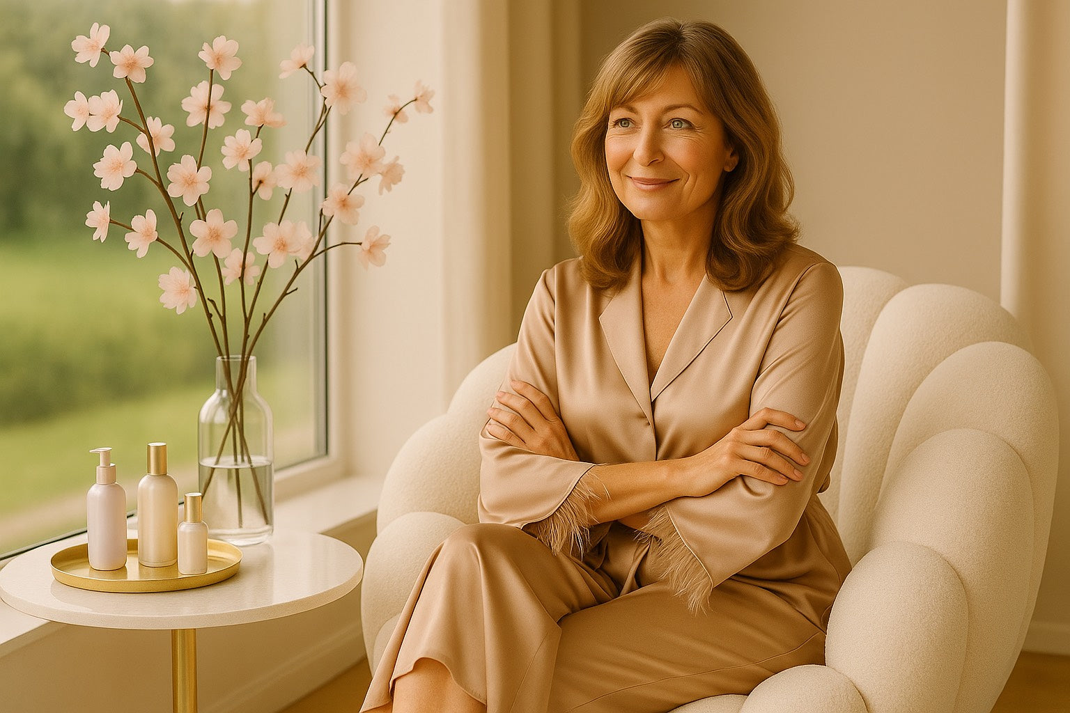 Femme mature élégante en ensemble satin beige assise dans un fauteuil cocooning près d’une fenêtre, ambiance douce avec fleurs délicates et rituel beauté en Saison Dorée.