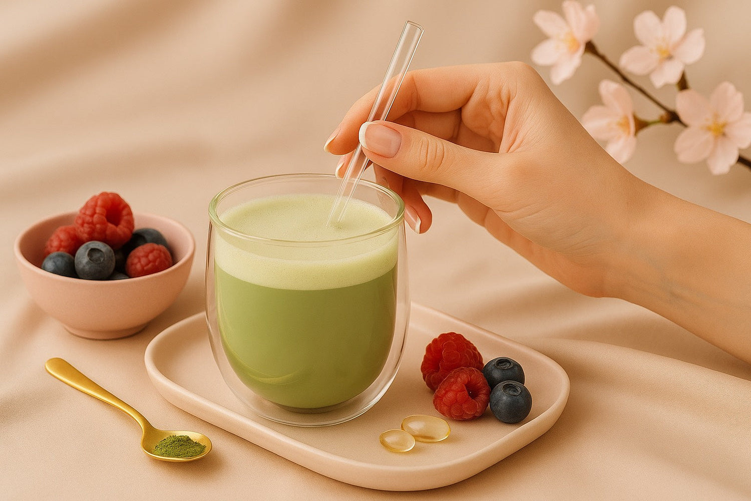 Main féminine avec french manicure mélangeant un matcha latte dans un verre double paroi, avec une cuillère dorée et un bol rose rempli de fruits rouges sur fond satin beige