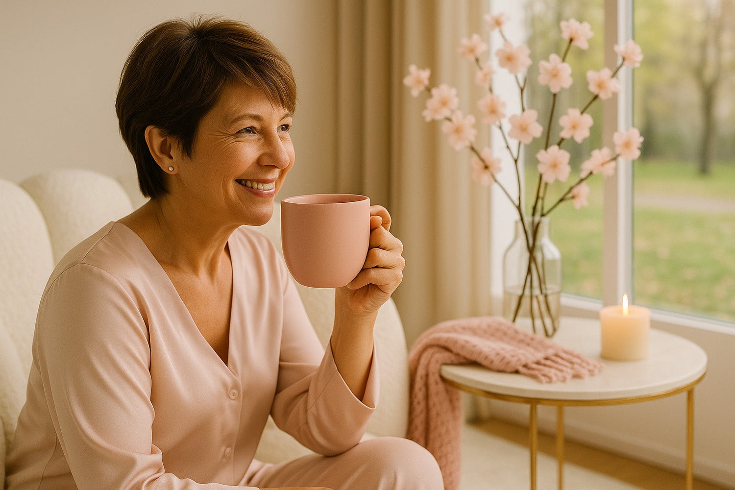 Femme mature souriante avec une tasse dans un intérieur doux — beauté naturelle et confiance de la maturité