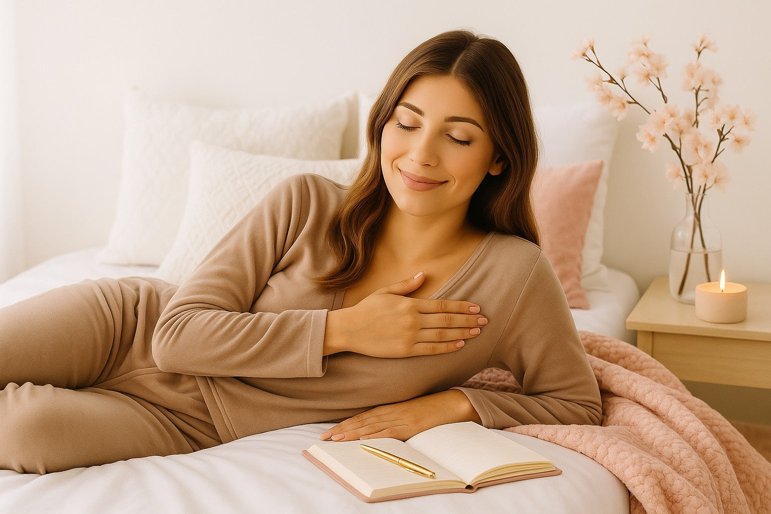 Femme allongée avec une main sur le cœur, carnet et stylo doré, plaid rose, fleurs et bougie allumée. Ambiance self-love, rituel bien-être et connexion à soi.