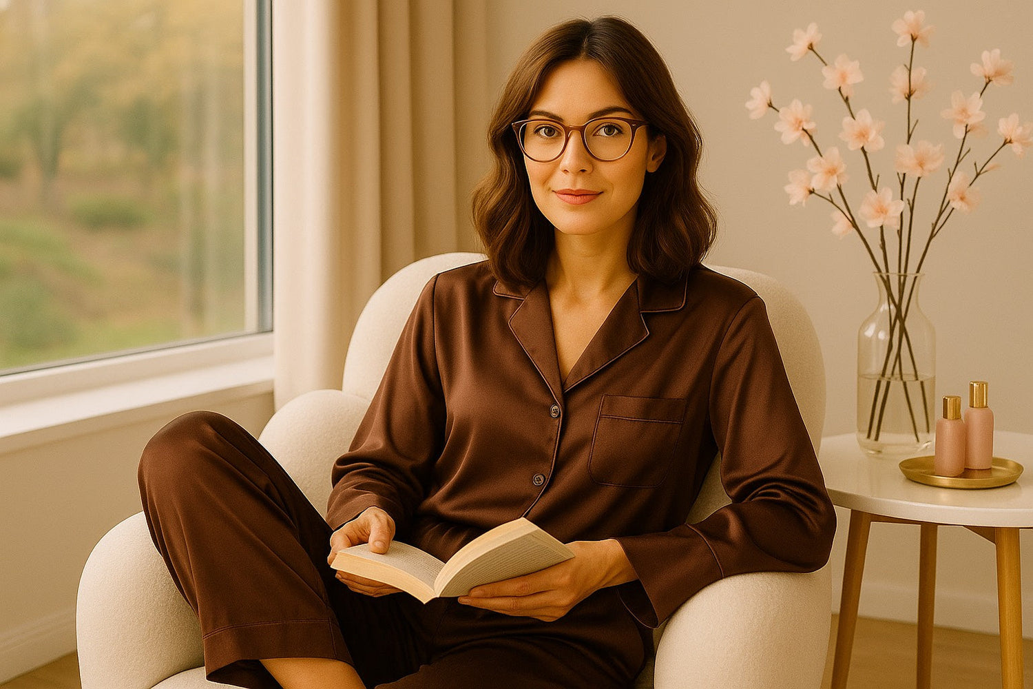 Femme élégante en tenue homewear lisant un livre, moment de calme et de bien-être féminin.