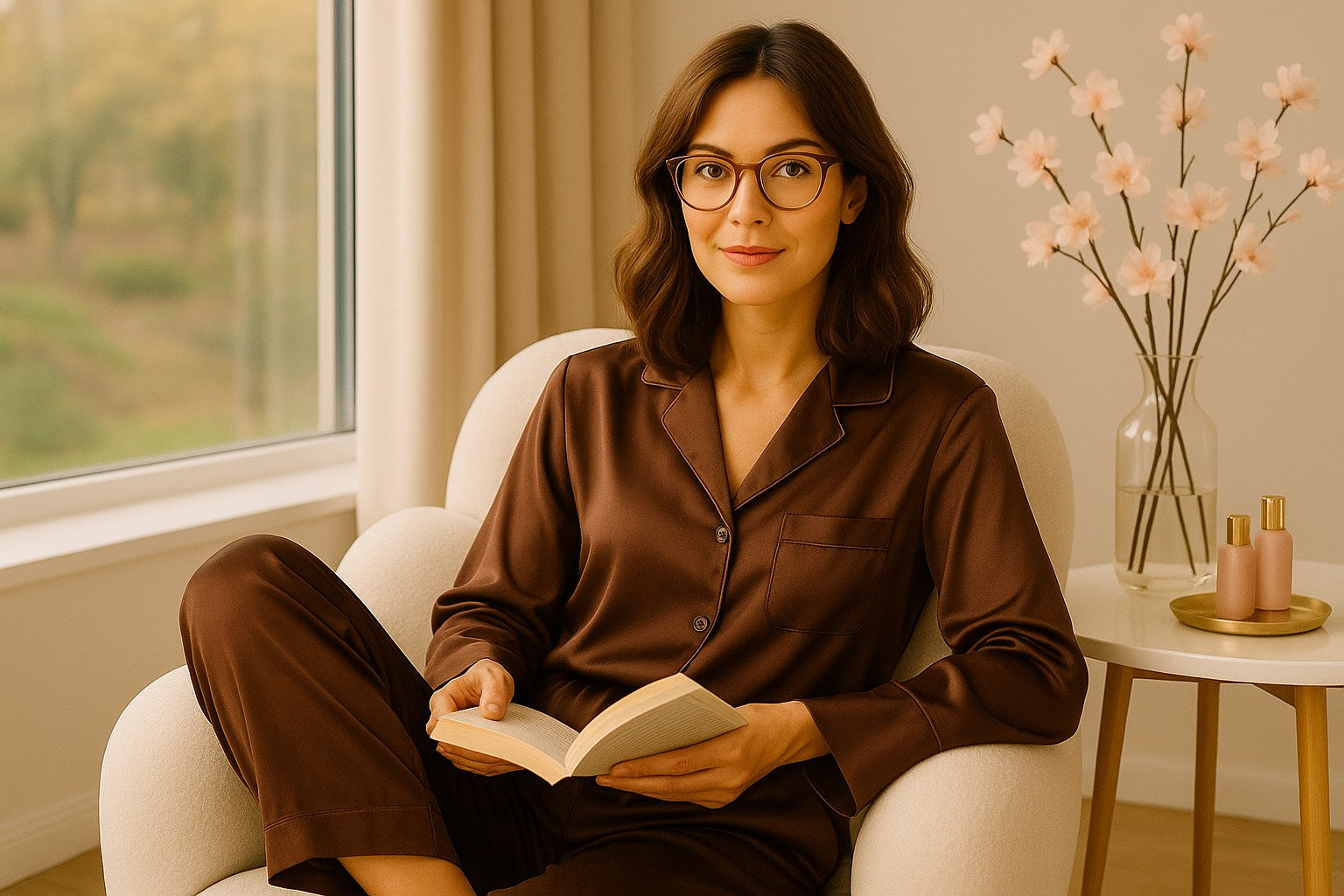 Femme élégante en tenue homewear lisant un livre, moment de calme et de bien-être féminin.
